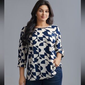 Bloomchic Navy/White Geometric Print Blouse size 1X (14-16)